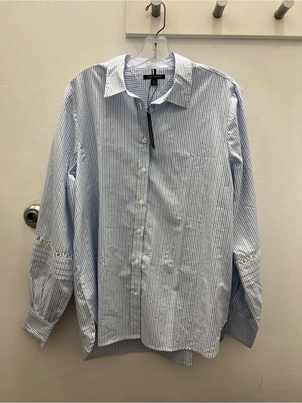 Tommy Hilfiger Light Blue and White Pinstripe Men's Button-Up Shirt